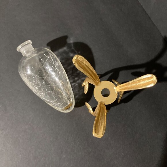 Vintage Crackle Glass Vase With Gold Tone Metal Flower Stand - Picture 7 of 8